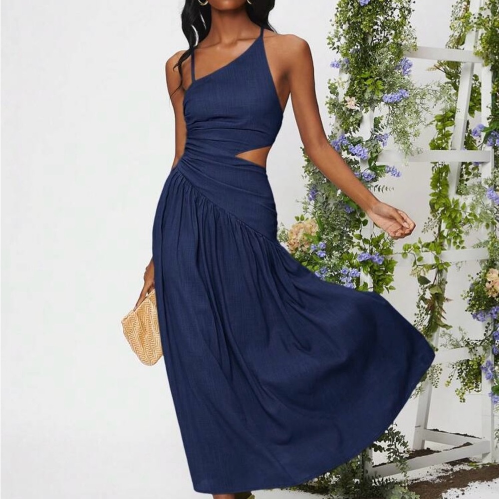 Elegant Navy Blue One-Shoulder Dress